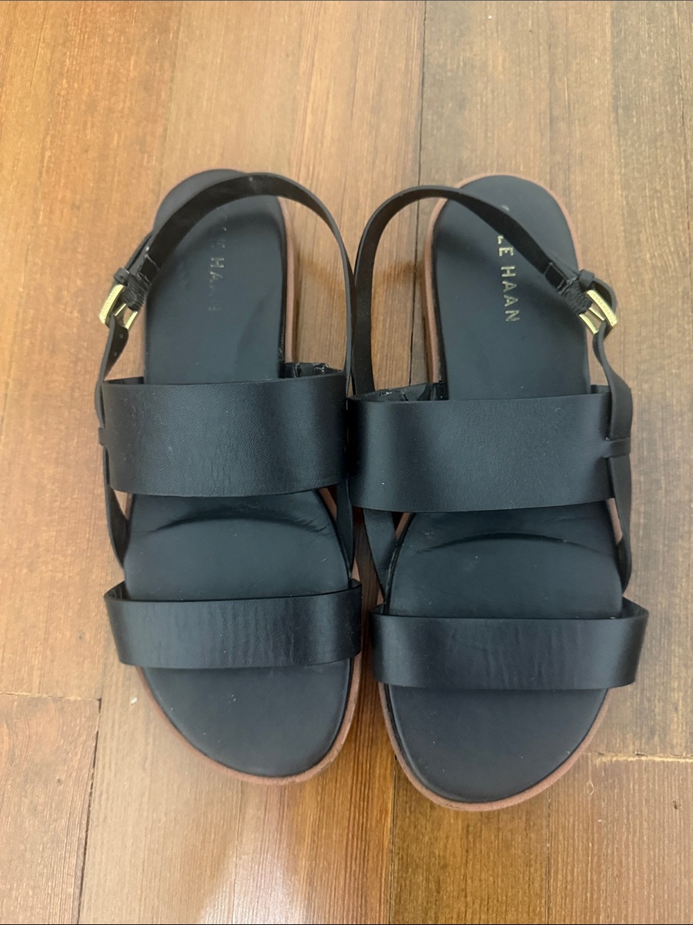 Cole Haan Black Strappy Slingback Sandals with Gold Buckles